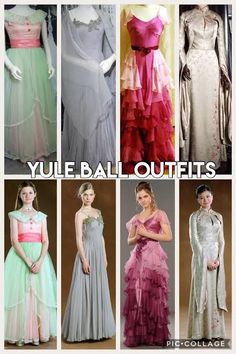 four different styles of dresses with the words yule ball outfitts on top and bottom