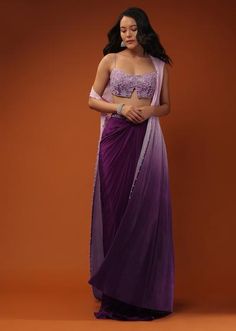 Imperial Purple Dhoti Skirt And A Crop Top In Sequins Embroidery, Paired With A Ombre Extended Jacket In Sleeveless Dhoti Skirt, Imperial Purple, Diwali Dresses, Karva Chauth, Haldi Outfit, Simple Lehenga, Mehendi Outfits, Kalki Fashion, Traditional Indian Dress