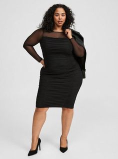 Fit New Street Style, Black Slip Dress, Plus Size Models, Mesh Sleeves, Women Midi, Mesh Long Sleeve, Bra And Panty Sets, Long Sleeve Bodycon, Deep Black