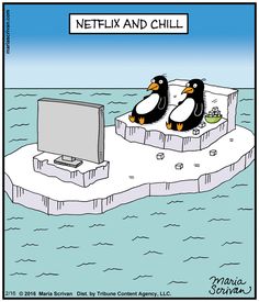 two penguins are sitting on an iceberg and watching the tv cartoon by marc sounak