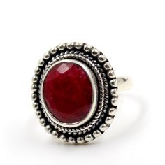 Lovely Handmade ornate Ruby Gemstone made of solid 925 Sterling Silver Ring.Faceted Ruby Corundum Ring for girl friend's birthday Gift,Promise ring,Christmas Gift for Dear Friend.It is a comfortable affordable Ruby Ring For you. Anniversary Ring for your darling . SKU- MR1331 Style - Cocktail Gemstone - Ruby Metal - 92.5 % Solid Sterling Silver Weight- 6.15 gm approx Stone Size- 9x11 mm Stone Shape - Oval Stone Cut - Faceted Healing Properties Ruby is July birthstone in the Western tradition. .. Ruby Jewelry With Large Round Stone, Round Ruby Jewelry With Large Stone, Silver Ruby Ring With Stone Setting For Anniversary, Bohemian Sterling Silver Ruby Ring For Anniversary, Sterling Silver Ruby Ring With Stone Setting, Handmade Adjustable Ruby Ring For Anniversary, Anniversary Silver Ruby Ring With Stone Setting, Adjustable Round Ruby Ring Stamped 925, Silver Ruby Ring With Large Stone For Anniversary