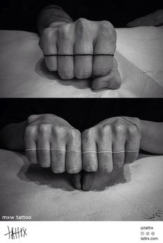 two pictures of hands on top of a bed