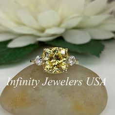 Canary Yellow Diamonds, Ring 3 Stone, Yellow Cushion, Wedding Rings Round, Simulated Diamond Rings, Three Stone Engagement Ring, Yellow Rings, Gold Cushions, Stone Engagement Ring