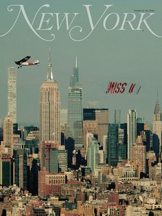 an airplane flying over a city with the words new york on it