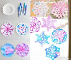 paper snowflakes and other crafting supplies are displayed on the window sill