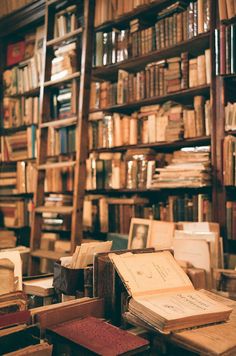 a bunch of books that are sitting on a shelf in a room with shelves full of books