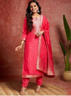 * Floral Woven Design Straight Pure Silk Kurta with Trousers & Dupatta Pakistani Salwar Kameez / Indian Wedding Dress / Plus Size Cotton Dress Traditional Indian Wear / Salwar Kameez Dupatta / Kurti Palazzo Set   * Pink woven design Kurta with Trousers with dupatta * Kurta design:- * Floral Woven design * Straight shape * Regular style * Keyhole neck, three-quarter regular sleeves * Calf length with straight hem * Pure silk fabric * Trousers design:- * Solid Trousers * Partially elasticated wais Anarkali Dresses With Self Design For Traditional Ceremonies, Traditional Drape Dress For Ceremonies, Festive Banarasi Silk Straight Kurta Dress, Festive Banarasi Silk Dress In Straight Kurta Style, Banarasi Silk Straight Kurta Dress For Festive Occasions, Elegant Churidar For Festive Traditional Ceremonies, Elegant Churidar For Traditional Ceremonies And Festive Occasions, Festival Banarasi Silk Straight Kurta Dress, Festive Straight Kurta Churidar For Wedding