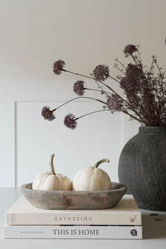 two white pumpkins in a bowl on top of books