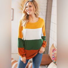 Spice Up Your Cozy Ensembles With This Long-Sleeve Oversized Top Made With Soft Hacci And A Striking Color Block Complete With Bubble Sleeves Soft Hacci Knit + Color Block + Bubble Sleeves 50% Rayon 28% Polyester 22% Nylon Designed In California Imported Runs Loose Weight: .5 Lbs; Plus .65 Lbs Bust (Side Seam To Side Seam): S 23" M 24" L 25" 1x 27" 2x 28" 3x 29" Length (Shoulder To Hem): S 27" M 28" L 29" 1x 30" 2x 31" 3x 32" Regular Model Measurements: 5' 7", Size Small, Chest 32", Waist 26", H Green Color Block, Mustard Green, Farm Clothes, Kids Activewear, Denim Short Dresses, Mustard Greens, Clothing Sites, Winter Tops, Oversized Top