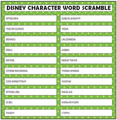 the disney character word scramble is shown in green