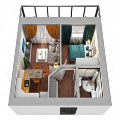 an overhead view of a studio apartment