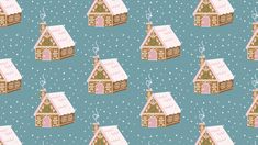 a pattern with houses and snowflakes on a blue background