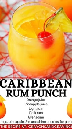 an advertisement for a rum punch with orange juice and garnish