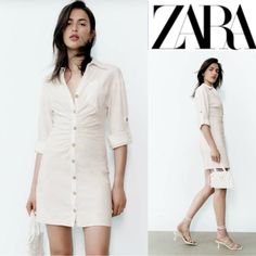 Zara Shirt Dress With Ruching Oyster White. Dress Made Of Linen Fabric. V-Neck Lapel Collar And Long Sleeves With Buttoned Tabs. Front Patch Pocket Front Ruching. Front Button Closure. Nwt Pristine Condition Also Available In My Closet In Red Size: Large Size: Large (Fabric Has Some Stretch To It) Color: Oyster White Measurements Taken Lying Flat Approximate: Pit To Pit: 18” Waist: 15” Length: 32” Linen 53% Viscose 43% Elastane 3% Pam& Gel Shirt Dress Norma Kamali Jaquemus L'academie Beige Button-up Mini Dress For Spring, Spring Beige Button-up Mini Dress, Zara V-neck Shirt Dress For Day Out, Zara Long Sleeve Shirt Dress For Summer, Summer Feminine Collared Mini Dress, V-neck Shirt Dress For Summer Brunch, Summer V-neck Shirt Dress For Brunch, Zara Shirt Dress For Brunch, Feminine V-neck Shirt Dress For Summer