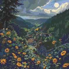 a cross stitch pattern with yellow flowers in the foreground and mountains in the background