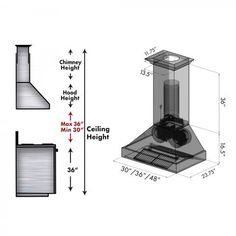 a drawing of a stove with measurements for the top, bottom and side vents