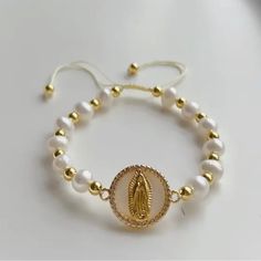 Handmade Freshwater Pearls Religious Jewelry Approximately 7inches Gold Pearl Bracelet With Round Beads For Beach, Catholic Jewelry Bracelets, Mexican Bracelets, Virgin Mary Bracelet, Christian Products, Catholic Bracelet, Sacred Jewelry, String Jewelry, Catholic Jewelry