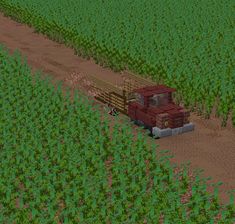 a red truck driving through a lush green field