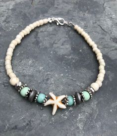 This beautiful boho style beach ankle bracelet is made with a white howlite starfish bead, shades of mint glass beads, gray hematite beads, silver tibetian beads, and cream glass beads. Ankle bracelet comes in several sizes, just choose your size from the drop down menu at checkout. Beachy Anklets, Starfish Anklets, Jump Ring Jewelry, Leather Anklets, Beach Jewelry Boho, Beaded Ankle Bracelets, Beachy Jewelry, Stella Marina, Beaded Ankle