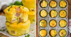 two pictures side by side, one with egg muffins and the other with ham