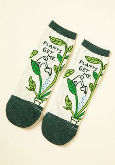 Something on your mind? These ivory ankle socks suggest you take to plant therapy to work through it. With dark green trim and a lil' dude watering his leafy confidante, this pair soothes you while it styles you! Quirky Sayings, Indie Clothes, Gold Prom, Dance Heels, Nature Spring, Plant Therapy, Shall We Dance