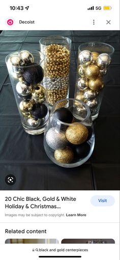 an image of christmas balls and ornaments in vases on the facebook page for black - gold & white holiday & christmas