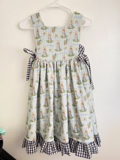 Peter Rabbit girls dress 100% cotton  handmade  custom dress Casual Cotton Dress For Easter, Cute Gingham Dresses For Garden Party, Spring Cotton Plaid Dress For Garden Party, Cotton Plaid Dress For Spring Garden Party, Cute Cotton Dresses For Picnic, Gingham Cotton Dress For Garden Party, Plaid Cotton Dress For Garden Party, Fitted Cotton Easter Dress, Cute Plaid Cotton Dress For Spring