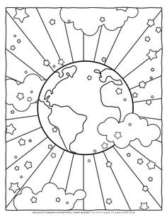 the earth is surrounded by stars and clouds in this coloring page for kids to color