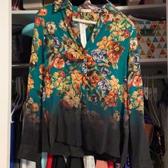 This Is A Beautiful Green Floral Blouse. Never Been Worn, Brand New. Smoke Free Home Elegant V-neck Shirt With Floral Print, Green Silk Blouse With Floral Print, Chic Multicolor Blouse With Buttons, Green Floral Silk Blouse, Silk Button-up Shirt With Floral Print, Green Silk Top With Button Closure, Chic Multicolor Button-up Blouse, Chic Floral Print Button-up Shirt, Silk Button-up Top With Floral Print