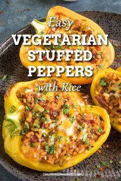 an easy vegetarian stuffed peppers recipe with rice and ground beef in the middle on a plate