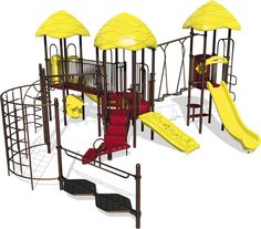 an image of a children's playground set with yellow umbrellas and red slides