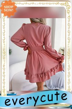 Pink Lace-up Pleated Waist Ruffle Hem Casual Dress Pink Ruffle Hem Dress For Fall, Pink Ruffled Fall Dress, Fall Pink Dresses With Ruffle Hem, Fitted Long Sleeve Pink Ruffle Dress, Pink Ruffle Hem Mini Dress For Fall, Pink Mini Dress With Ruffle Hem For Fall, Solid Knee-length Ruffle Dress With Ruffle Hem, Knee-length Ruffle Dress With Ruffle Hem, Solid Knee-length Ruffle Dress