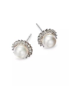 Bloomingdale's - Cultured Akoya Pearl Stud Earrings with Diamonds in 14K White Gold, 6.5mm - 100% Exclusive Elegant White Cluster Earrings With Halo Design, Elegant White Round Cluster Earrings, White Round Cluster Earrings For Formal Occasions, Formal White Halo Cluster Earrings, White Diamond Earrings With Halo Design For Evening, Elegant White Earrings With Halo Setting, Elegant White Halo Setting Earrings, White Formal Earrings With Halo Setting, Formal White Earrings With Halo Setting