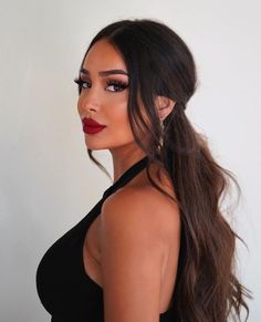 Wedding Makeup Red Lips Brunette, Prom Makeup Looks Red Lip, Glamour Makeup Red Lips, Brown Mascara Look Vs Black, Smokey Eye Red Lip Makeup, Classy Makeup Looks Red Lips, Half Hair Updo, Red Lips Makeup Look, Date Night Makeup