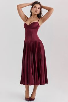 Clothing : Midi Dresses : 'Beau' Wine Pleated Maxi Dress Summer 2024 Fashion, Mirror Palais, Burgundy Midi Dress, Paint The Town Red, Sleeveless Skirt, Pleated Maxi Skirt, Midi Dress Party, Pleated Midi Dress