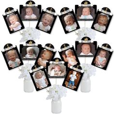 a bunch of baby pictures are arranged in the shape of a crown on top of a cake