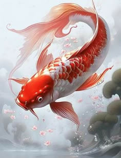 a red and white koi fish floating on top of water