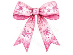 a pink and white bow with snowflakes on the side, in watercolor