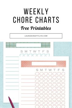 the free printable weekly chore chart is shown on top of a blue background