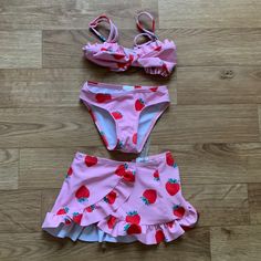 Shein Bathing Suit Set (Top, Bottoms And Skirt/Coverup) Nwot Size 6-9m Strawberry Print Polyester/Spandex Playful Stretchable Summer Sets, Playful Stretch Summer Sets, Cute Pink Strawberry Print Sets, Playful Beach Sets With Ruffles, Playful Ruffled Beach Sets, Playful Ruffled Beach Set, Playful Stretch Swimwear For Playtime, Pink Summer Swimwear Sets, Pink Summer Swimming Sets