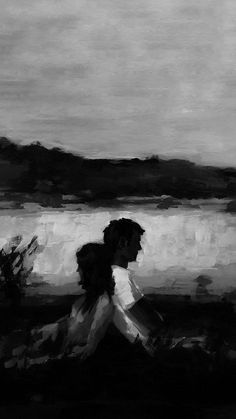 black and white painting of two people sitting by the water