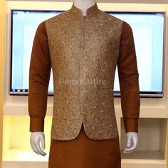 Description Embroidered slim fitted customized Waistcoat with same colour Kurta specially designed for your Big Day. Embroidered Fitted Nehru Jacket For Winter, Fitted Sherwani With Stand Collar, Elegant Embroidered Festive Vest, Fitted Bandhgala With Stand Collar For Fall, Fitted Wedding Outerwear With Stand Collar, Fitted Nehru Jacket With Stand Collar For Festive Seasons, Traditional Fitted Vest For Fall, Fitted Stand Collar Outerwear For Weddings, Fitted Outerwear With Stand Collar For Wedding