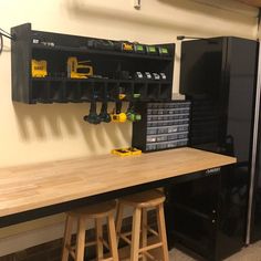 a workbench with tools on it and two stools