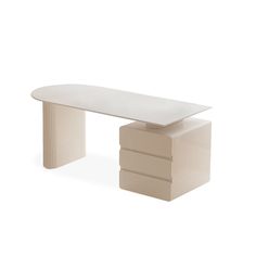 a white table sitting on top of a white floor