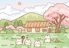 an image of a house with rabbits in the grass near trees and mountains behind it