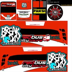 some stickers are on the side of a red bus that is advertising break day