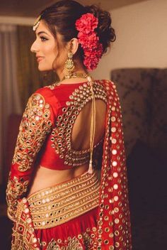 bridal lehenga - Google Search Mirror Work Blouse, Bridal Lehenga Red, Bridal Outfit, Silk Saree Blouse Designs, Wedding Blouse