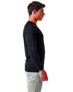 4 oz., 100% recycled polyester Melange: 83% recycled polyester, 17% polyester Manufactured using verified recycled polyester yarns Wicking-fabric technology UPF 40+ protection GRS Certified Crew neck Mesh panel detailing to back Stretch fabric Super lightweight Smooth knit perfect for print Black Long Sleeve T-shirt For Outdoor, Functional Black Long Sleeve T-shirt, Relaxed Fit Moisture-wicking Top In Recycled Polyester, Moisture-wicking Relaxed Fit Tops In Recycled Polyester, Black Stretch Top For Outdoor, Moisture-wicking Relaxed Fit Top Made Of Recycled Polyester, Recycled Polyester Crew Neck Top, Black Long Sleeve Nylon Top, Black Stretch Tops In Recycled Polyester