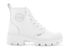 PALLABASE LEATHER - Palladium US Fall High-top Boots With Rubber Toe Cap, Casual White Boots With Rubber Heel Cap, Casual High-top Heeled Boots For Streetwear, Casual White Waterproof Boots For Fall, Casual High-top Heeled Boots With Reinforced Heel, Casual High Ankle Heeled Boots With Lug Sole, Casual White High-top Heeled Boots, White Lace-up Platform Boots, White Lace-up Boots With Leather Sole