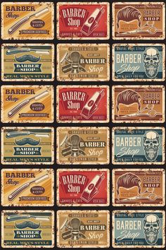 several different types of barber shop labels on a black and white background with red, blue,